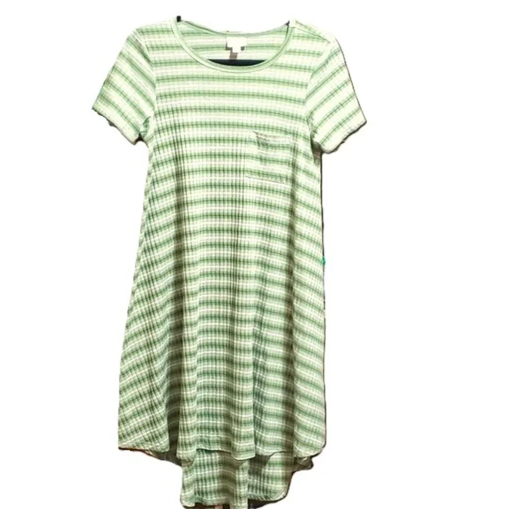 LuLaRoe Carly Swing Dress Medium Green White Stripe Ribbed High Low Hemline